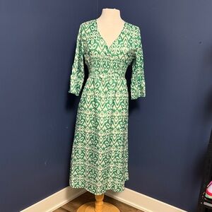 Green Ikat Print V-Neck Midi Dress